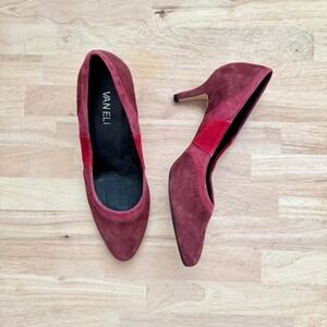 Vintage pink and red patchwork suede heel size 6